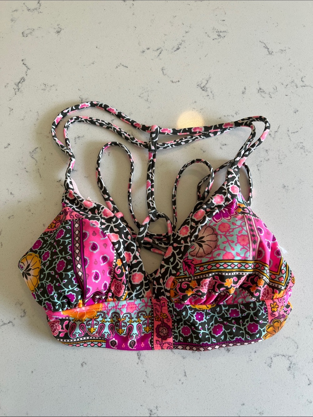 Colorful Floral Strappy Bikini Top - Pink, Black, Turquoise
